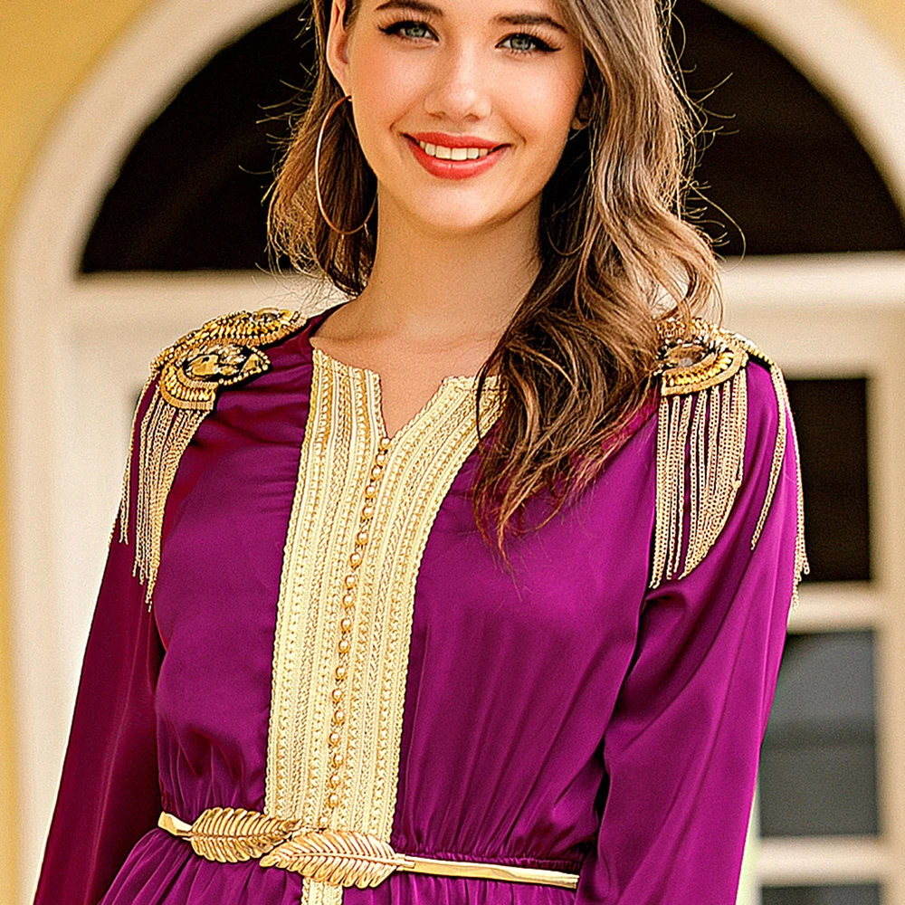 

Fridayin Women Turkish Long Woven Satin Dress with Beaded Fringe Epaulettes Muslim Dubai Abaya Kimono Moroccan Kaftan Clothing