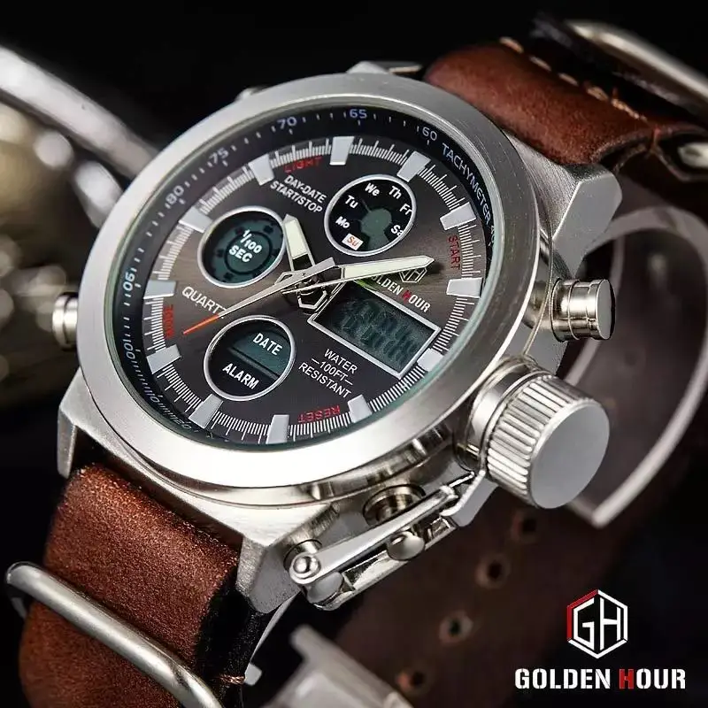 GOLDENHOUR 106 Top Luxury Dual Time Watch Men Leather Strap Calendar Alarm Waterproof Fashion Casual Men Wristwatches