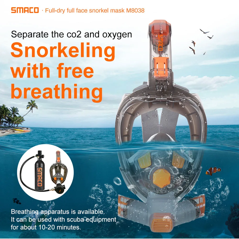 

SMACO 2020 New M8038 Diving Snorkeling Suit Protective Mask Full Face Diving mask Equipment Can be used with Diving Oxygen Tanks