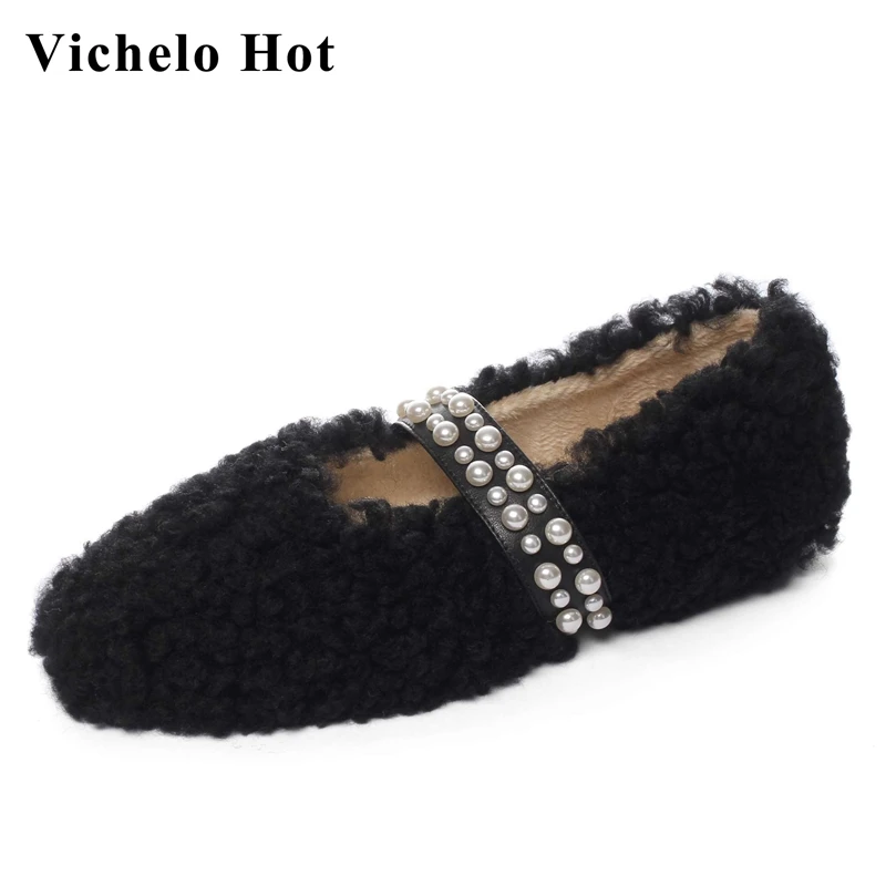 

Vichelo Hot 2021 new arrival princess style original design pearl decoration winter keep warm fashion slip on women flats L85