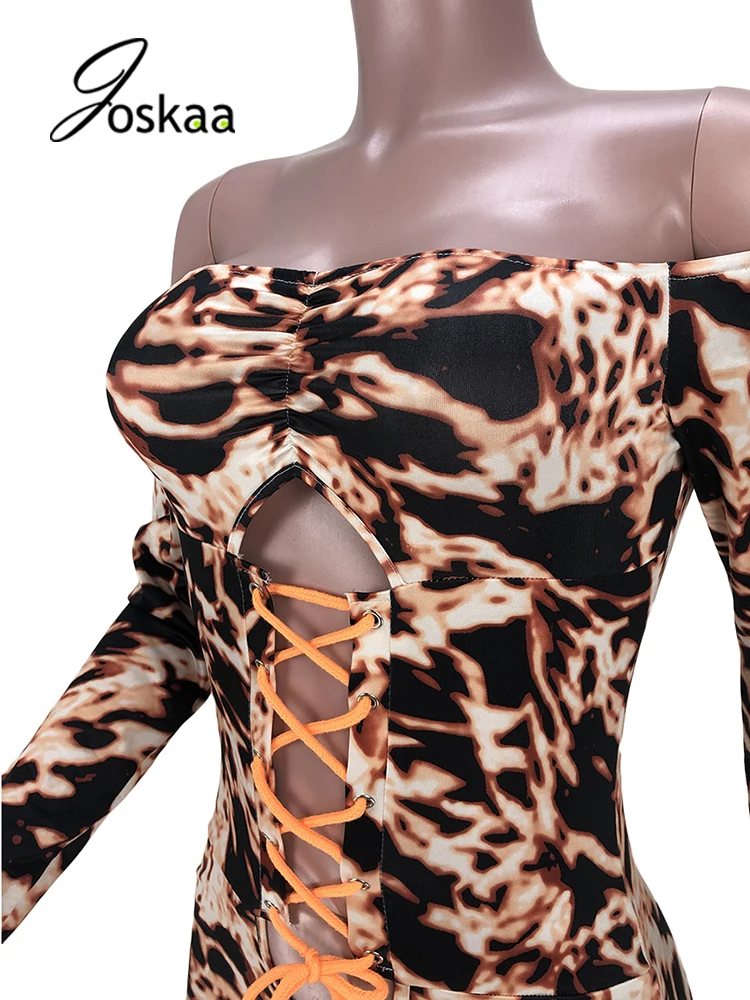 

Joskaa Wome Sexy Hollow Out Bandage Backless Rompes Leopard Printed Long Sleeve Slim Jumpsuits Autumn 2021 Night Club Outfit