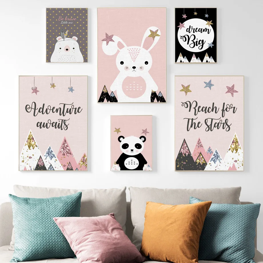 

Rabbit Panda Bear Star Mountain Feather Dream Wall Art Canvas Painting Nordic Posters And Prints Wall Pictures Kids Room Decor