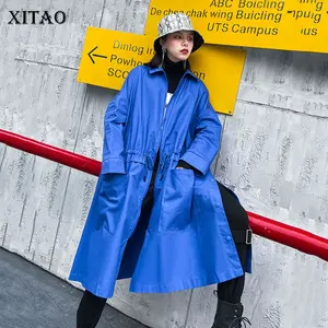 XITAO уличная одежда синее пальто для женщин плюс размер поло воротник молния длинное пальто мода ветровка весна осень DMY2739