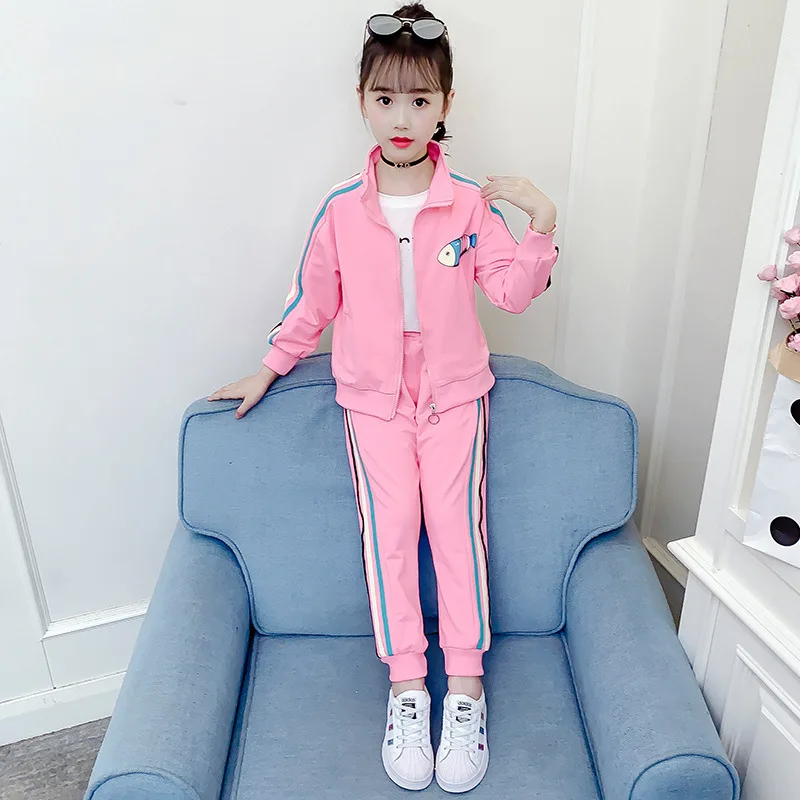 

Girls Suits Coat +Pant Sets 2021 Zipper Spring Autumn High Quality Formal Party Outfits Sport Teenagers Kids Cotton Tracksuits