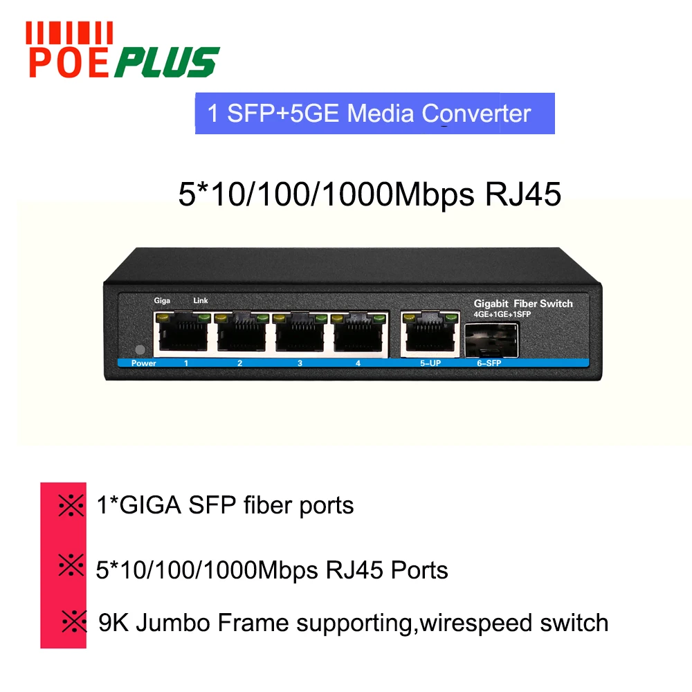 5 портовый волоконный коммутатор медиа конвертер 5*10/100/1000 Мбит/с RJ45 + 1*1000 м SFP