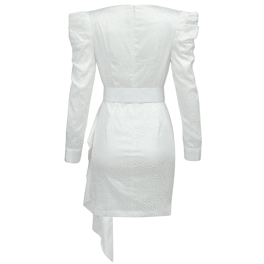 

Ailigou 2021 New Summer White Long Sleeve Women Sexy Deep V Neck Mini Celebrity Night Runway Club Party Ladies Dress with Belt