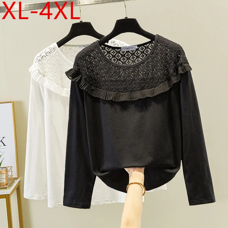 

Missfansiqi Autumn Plus Size Women O Neck Long Sleeve Hollow Out Lace Patchwork Cotton T-shirt Large Loose Casual Tops Tees 4XL