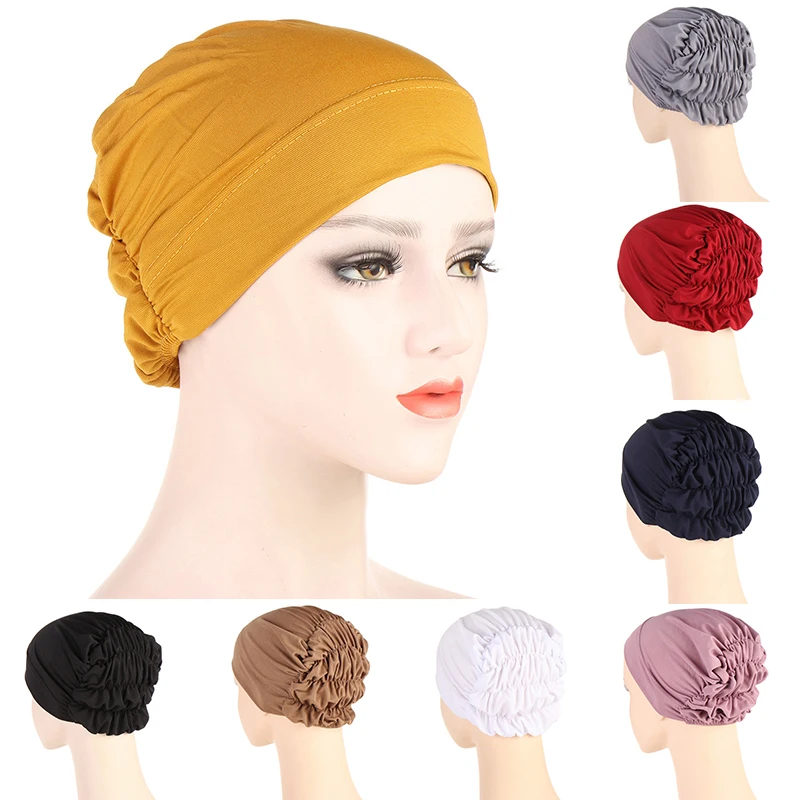 

Elastic Muslim Hat Western Style Pullover Hat Simplicity Solid Color Hats Pleated Headscarf Turbante Women Jersey Hijab Caps
