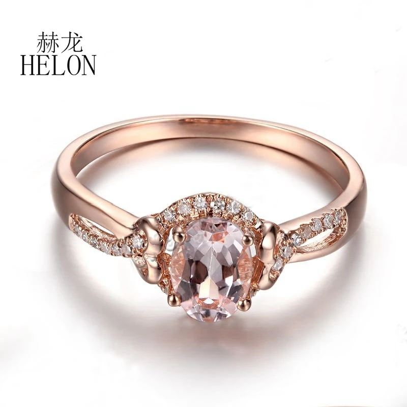

HELON Solid 10K Rose Gold Flawless Oval 7x5mm Natural Morganite Diamond Engagement Wedding Ring For Women Fine Jewelry Best Gift