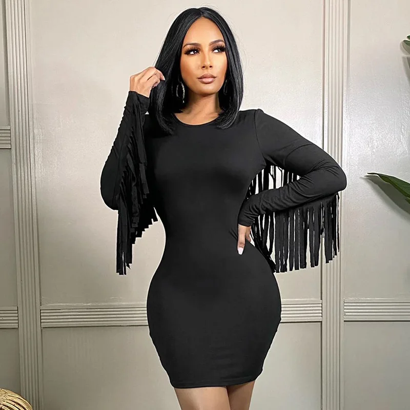 

Women Solid Long Sleeve with Tassel Party Club Bodycon Mini Dress Fall Elegant Party Streetwear