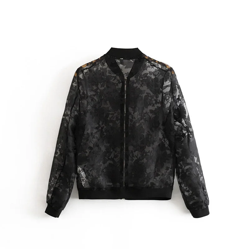 Ветровка короткая черная куртка на молнии с кружевом Осенняя мода Повседневная