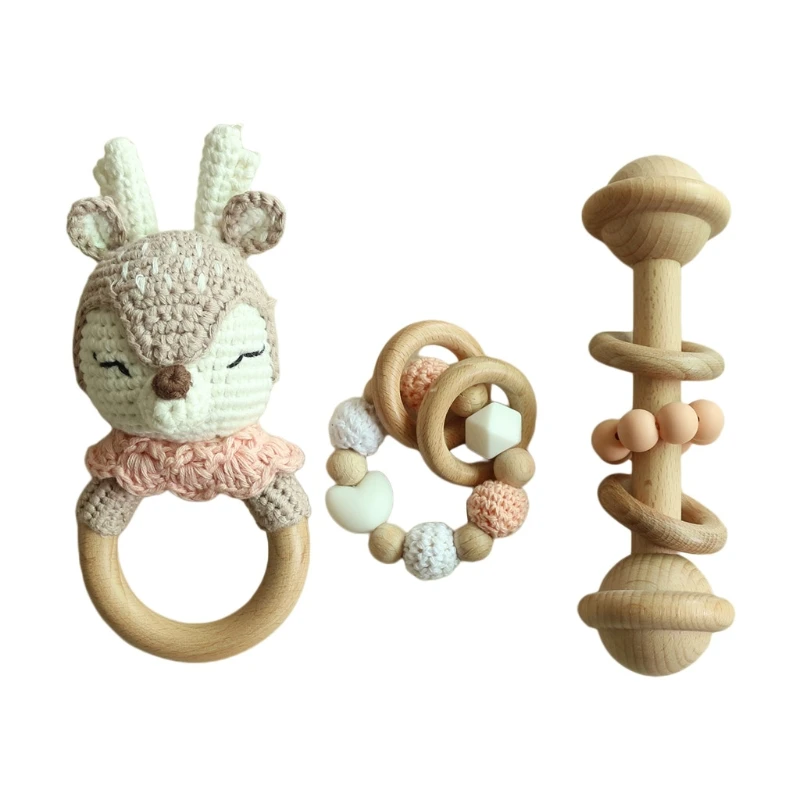 

3 Pcs Infants Wooden Beads Rattle Teether Nursing Toys Baby Newborn Teething Bracelets Crochet Elk Soother