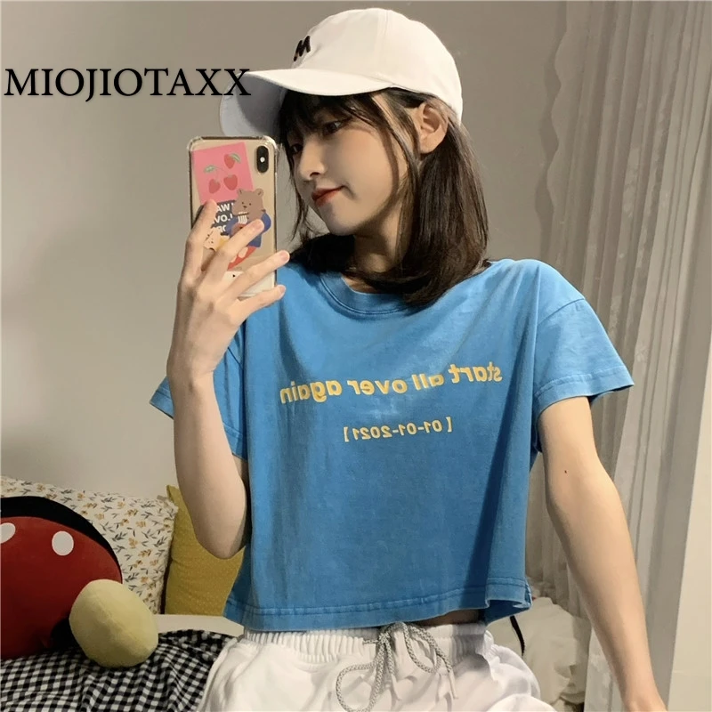 

MIOJIOTAXX 2021 Summer New Korean Version Slim Short Student Letter Print Short Sleeve T-shirt Women Clothes T Shirt for Women