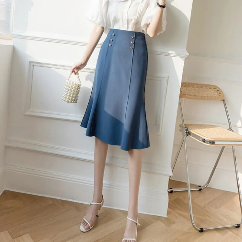 Женская юбка годе до колена однотонная офисная с высокой талией весна лето|short skirt