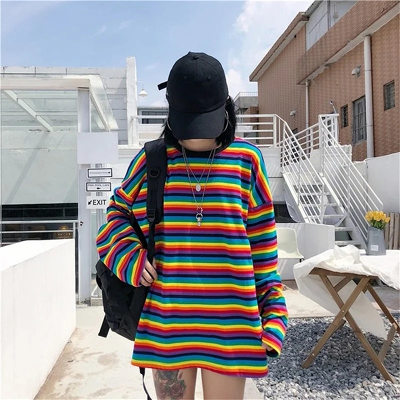 

Rainbow Stripe T Shirt Autumn Harajuku Female Shirt Long Sleeve Tshirts Woman Korean Tops Feminine