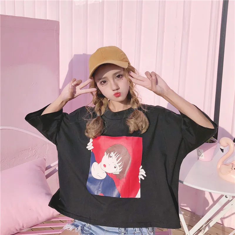 Футболка женская с круглым вырезом модная Свободная рубашка мультяшным принтом