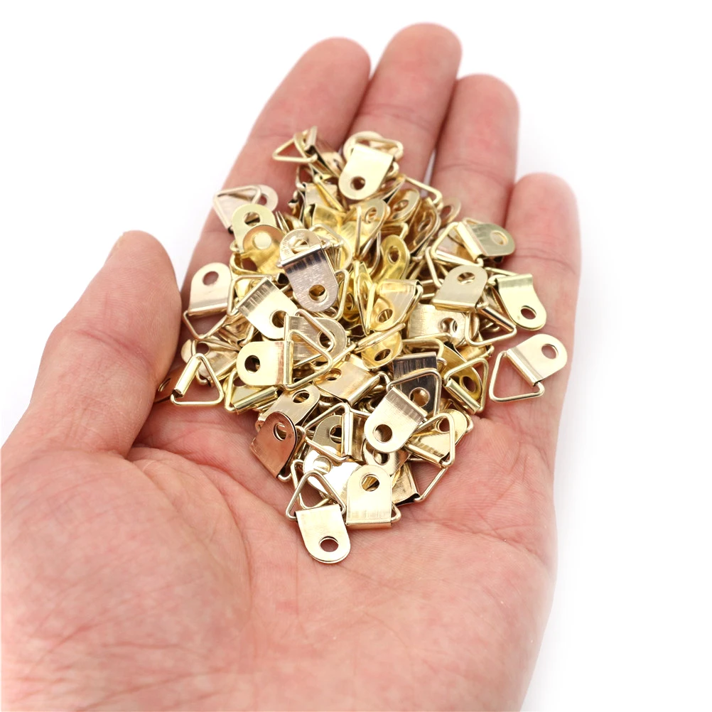

100pcs Mini Golden Triangle D-Ring Picture Oil Painting Mirror Photo Frame Hook Hanger 10x20mm Furniture Accessories Cheap
