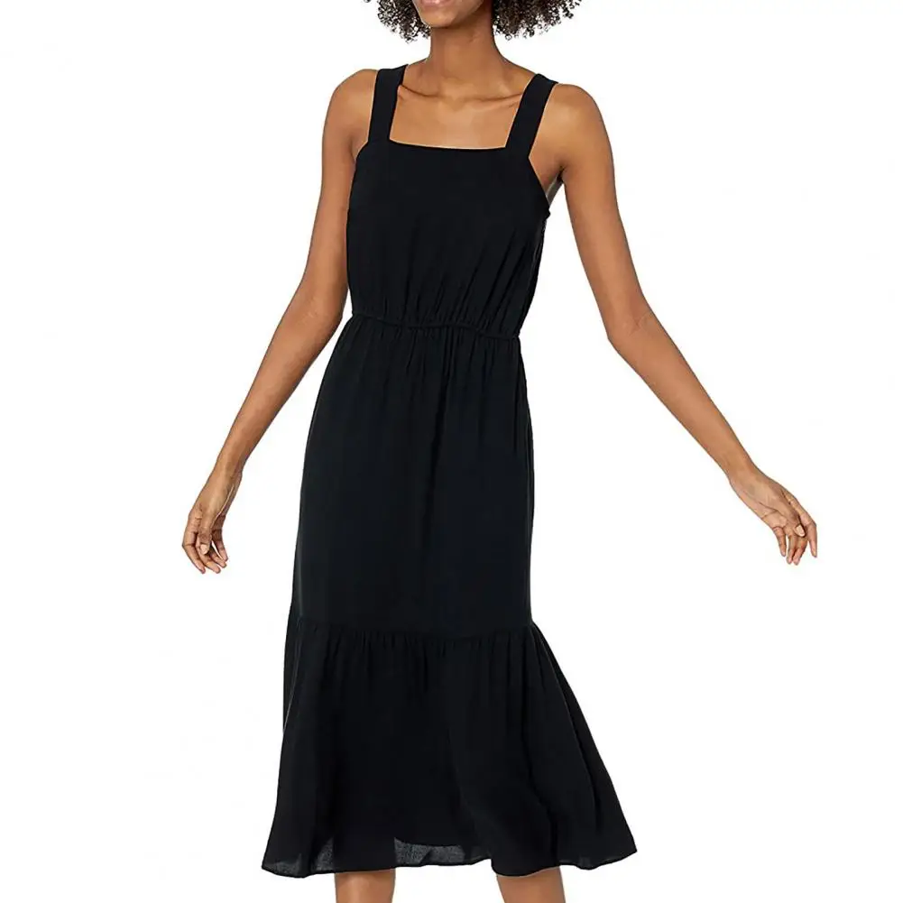 

Women Dresses Summer Dress Elegant Cotton Blend Sleeveless Square Neck Print Waist Tight Tiered Sling Midi Dress Streetwear