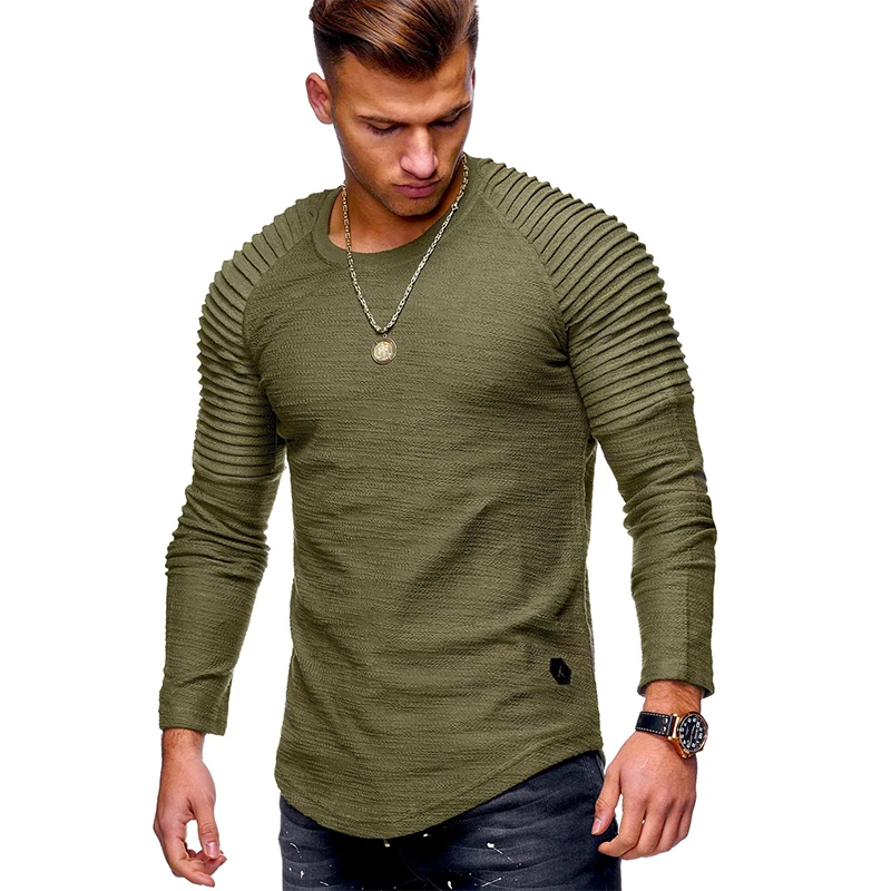 

New men's cotton base shirt for spring and summer leisure slim pleats with shoulder cuff long sleeve T-shirt