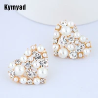 kymyad heart shape stud earrings for women bijoux femme simulated pearl jewelry earrings 2021 gold color earring crystal earing
