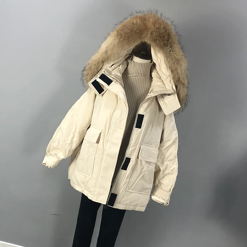 beige-1 Большие размеры пуховик зимняя куртка женская куртка-пуховик обработанная Куртка пуховая куртка женская куртка с капюшоном и настоящим мехом Куртка "Сафари" - Цвет: beige-1