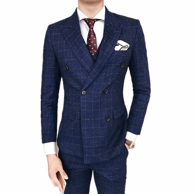 Высокое качество мужской Клетчатый комплект из 3 предметов синий черный серый