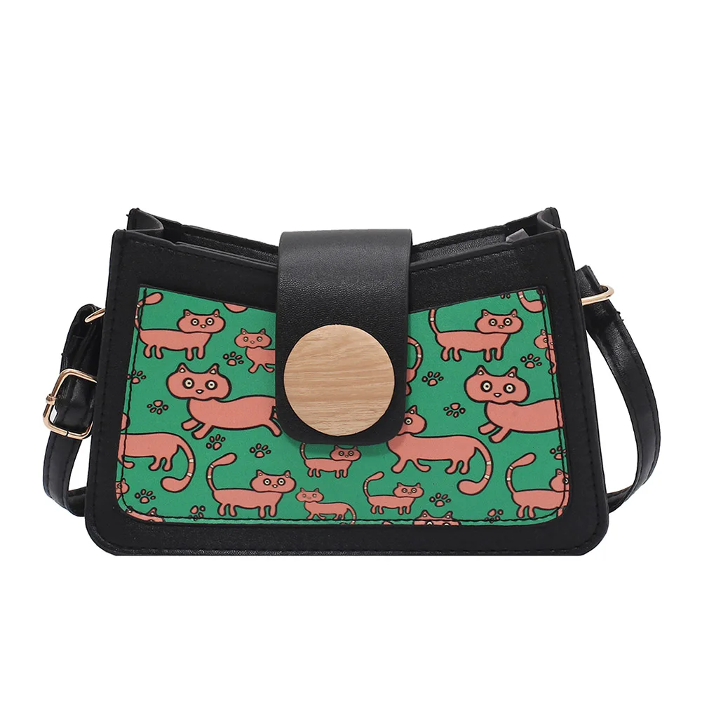 

Women Fashion Cartoon Printed Shoulder Bag PU Vintage Small Square Crossbody Bag Popular Simple Female Daily Bag