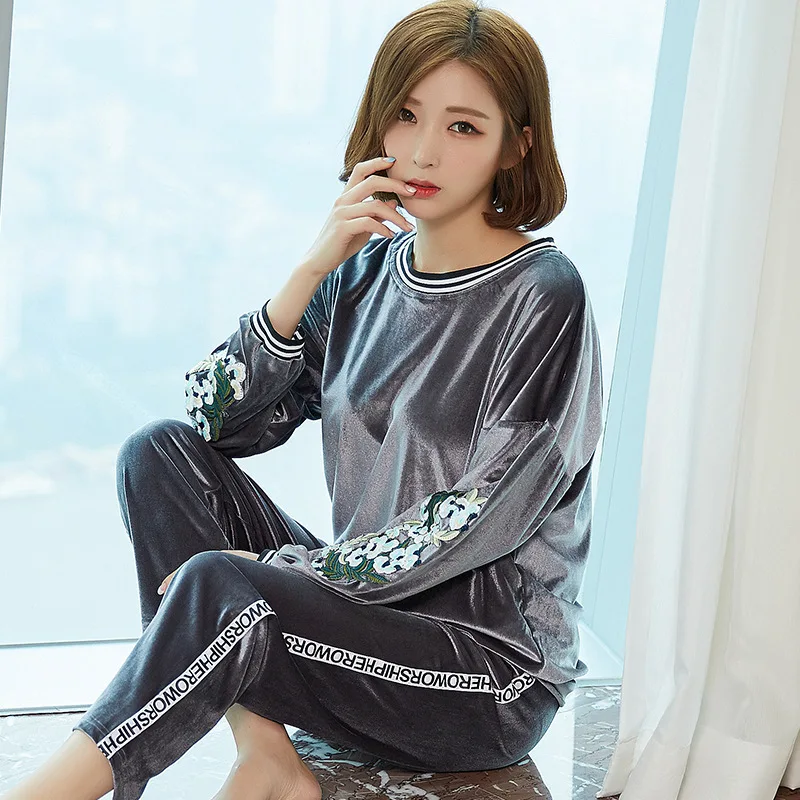 Pleuche Sexy Womens Pajamas Long-Sleeved Thin Large Size Autumn and Winter Coral Fleece Female Homewear Set Home Suit Sleepwear