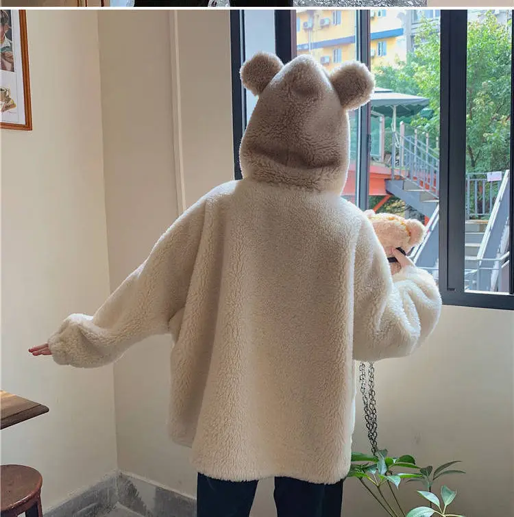 

Hooded Winter Padded Coat for Women Patchwork Parka Bear Harajuku Jacket Fleece Warm Outwear Windbreaker Streetwear Harajuku
