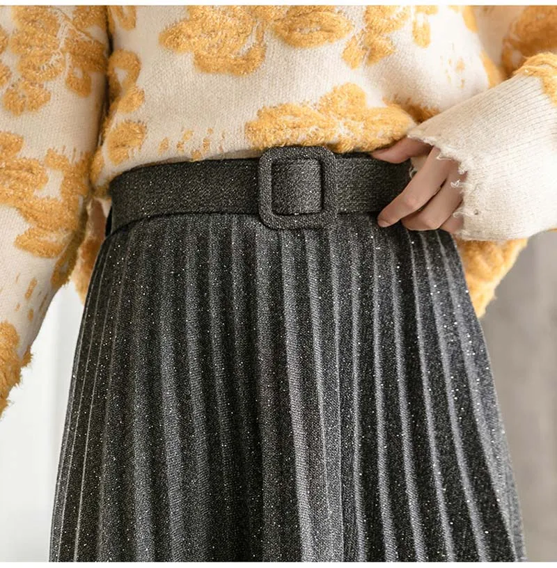 

Autumn Winter Long Glitter Skirt Women Vintage Midi Pleated Skirt Korean High Waist Elegant Ladies Skirts with Belt