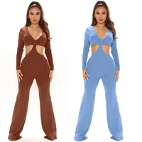 wuhe autumn streetwear jumpsuits for women long sleeve hollow out v neck bodycon jumpsuit black blue one piece outfits