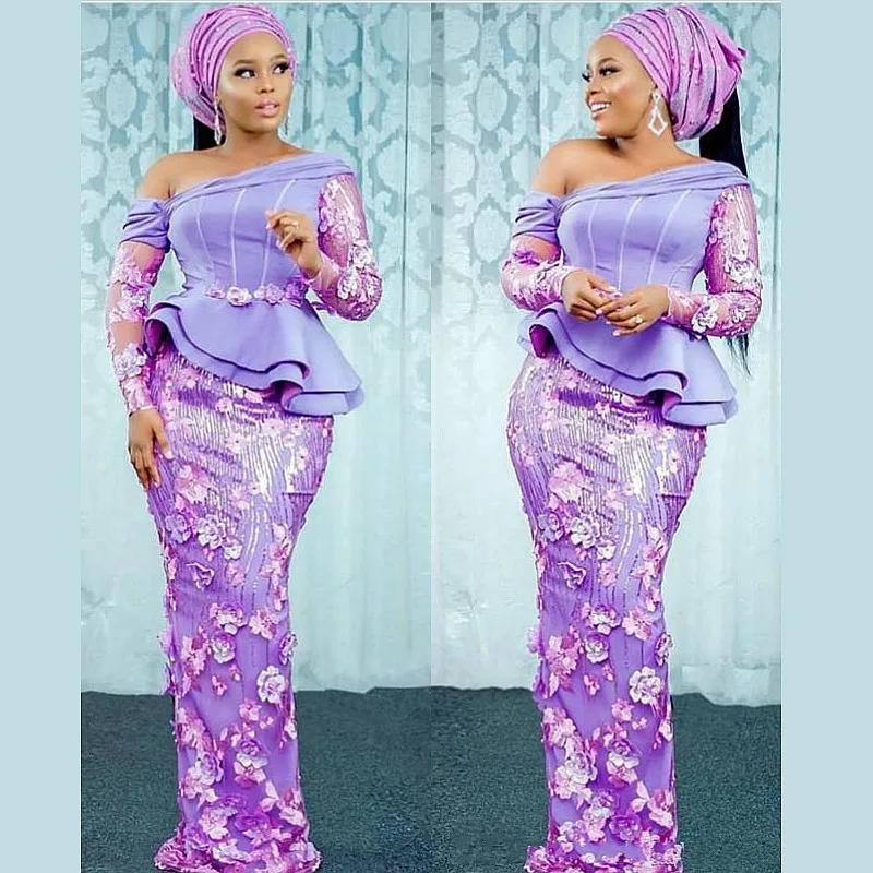 

African Nigerian Evening Dresses Purple Aso Ebi Off Shoulder Peplum Puffy Long Sleeves Mermaid Prom Gowns For Women Robe Soirée