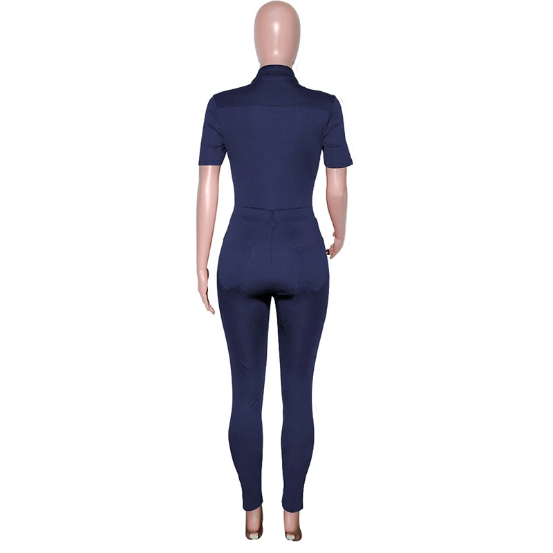 

Kricesseen Sexy Solid Skinny Long Pant Jumpsuit With Pockets New Women Short Sleeve Buttons Details Bodycon Clubwear Rompers