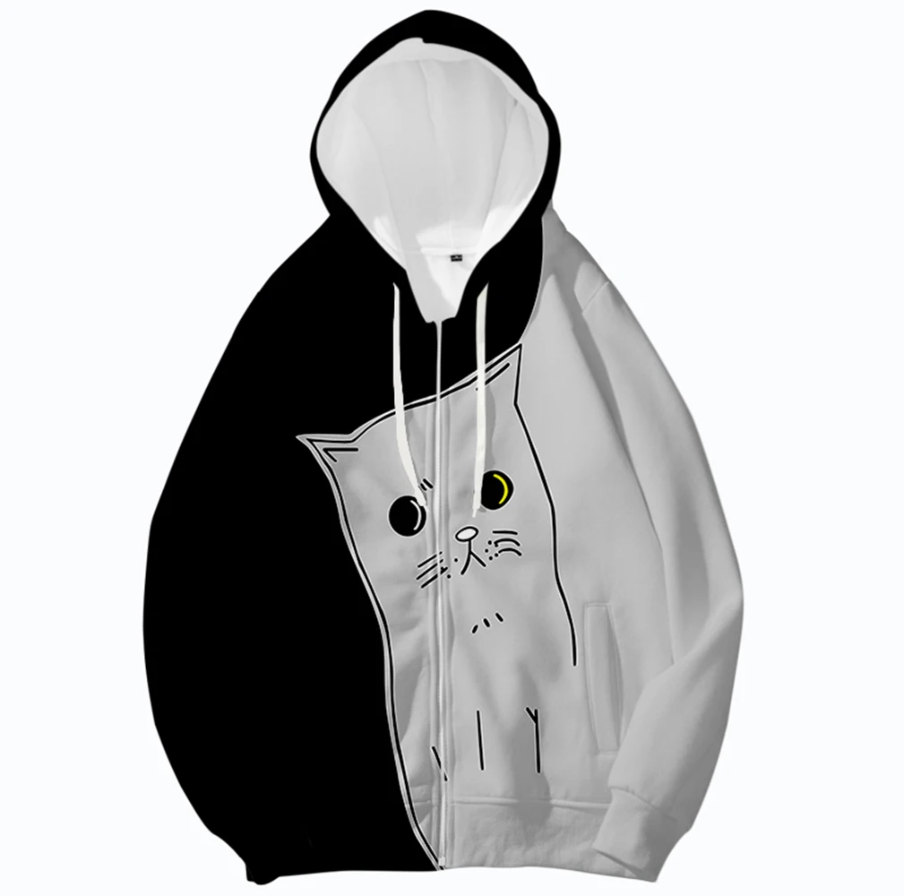 

Personality Cat Zipper Hoodies Men/Women Long Sleeve Hooded Sweatshirt High Quality Harajuku Jackets Casual Outwear Oversized