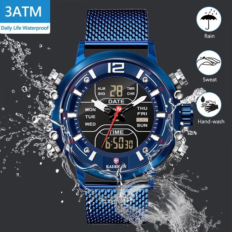 KADEMAN Men Watchs New Fashion Cool Unique Digital Big Dial Quartz Mesh Stainless Steel Simple Back Light Sport Business Watches | Наручные