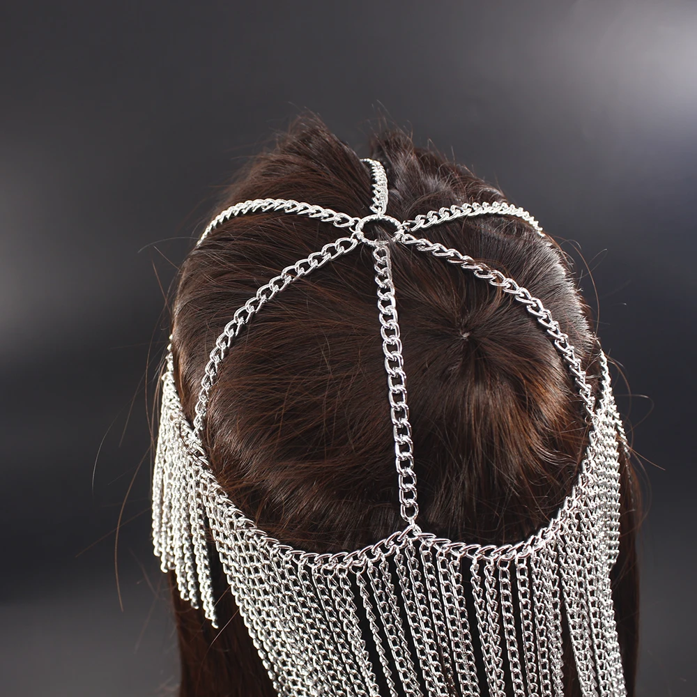 Цепочка на голову женская из алюминия с кисточками в стиле панк головной убор для