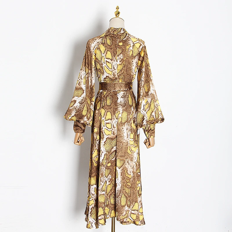 Женское винтажное платье миди с воротником-стойкой высокой талией и