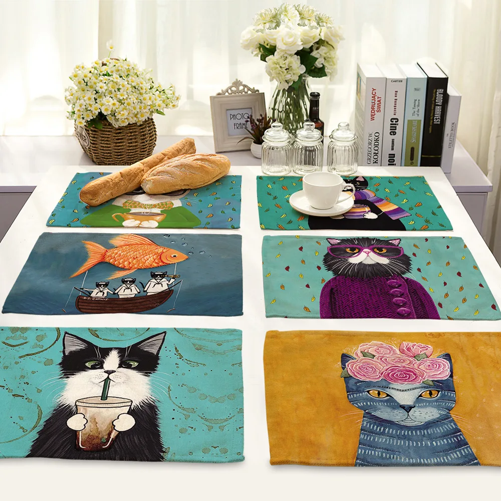 42x32cm placemat for dining table Cute Cat Cartoon Animal Coaster Creative Printed Heat-resistant Kitchen Dining Accessories