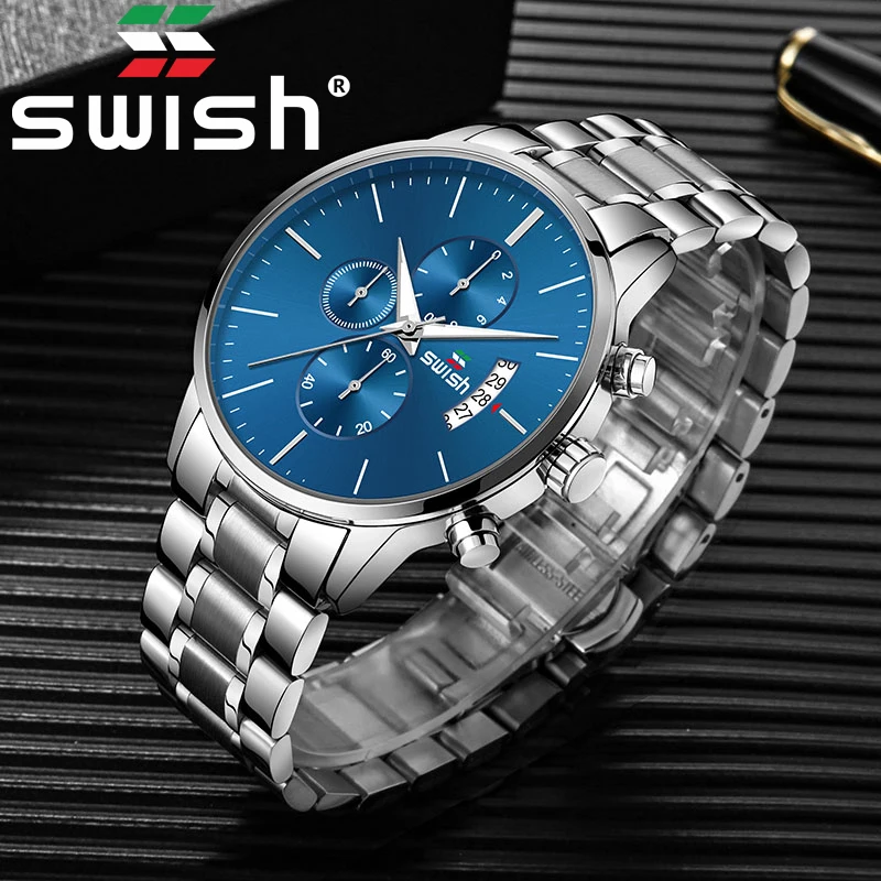 Мужские спортивные кварцевые часы с хронографом из нержавеющей стали|Кварцевые