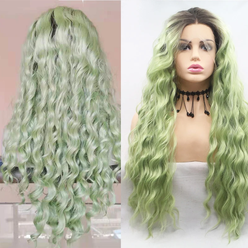

Dark Lime Mint Green Lace Front Wig Synthetic Curly Wigs For Black Women Ombre Black Body Wave Frontal Hair Lolita Cosplay