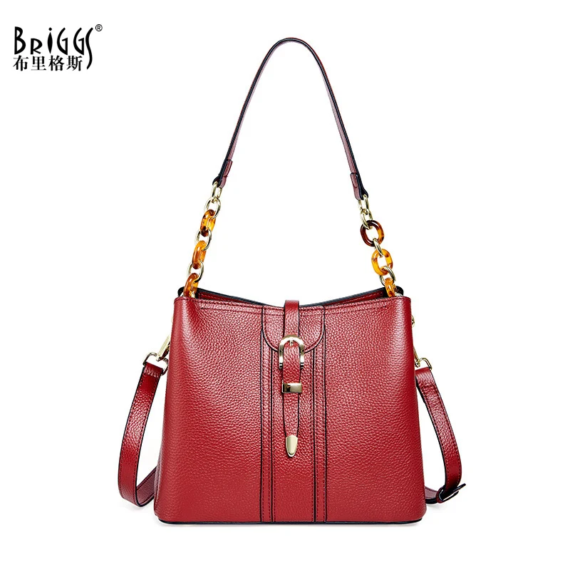 

BRIGGSS New 2021 Fashion Design Women Bucket Handbag Soft Genuine Leather Ladies Shoulder Bag High Quality Female Messenger Bag