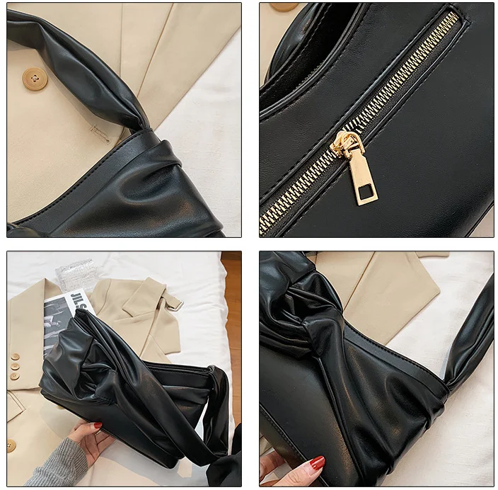 

Fashion Ruched Women Baguette Shoulder Bags Handbags Luxury Soft PU Messenger Bag Lady Small Flap Purse Shopping Bag