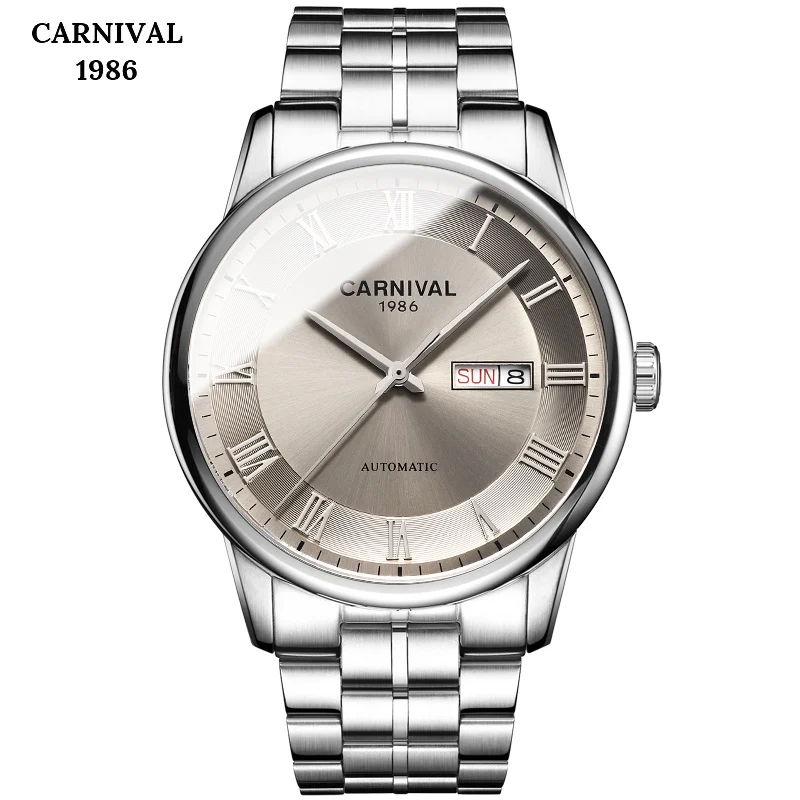 

CARNIVAL New Fashion Business Men's Calendar Display Sapphire Mirror Waterproof Stainless Steel Mechanical Watch Zegarek Męski