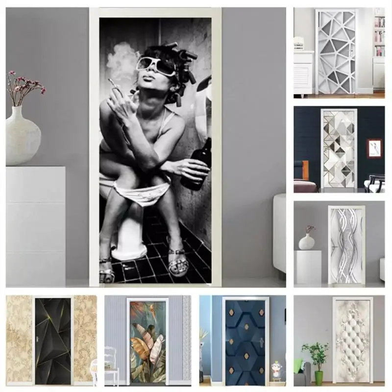 

Toilet Sexy Woman Pearl 3D Door Sticker Line Silver Modern Pvc Waterproof Wallpaper Art Door Poster Self Adhesive Mural Stickers