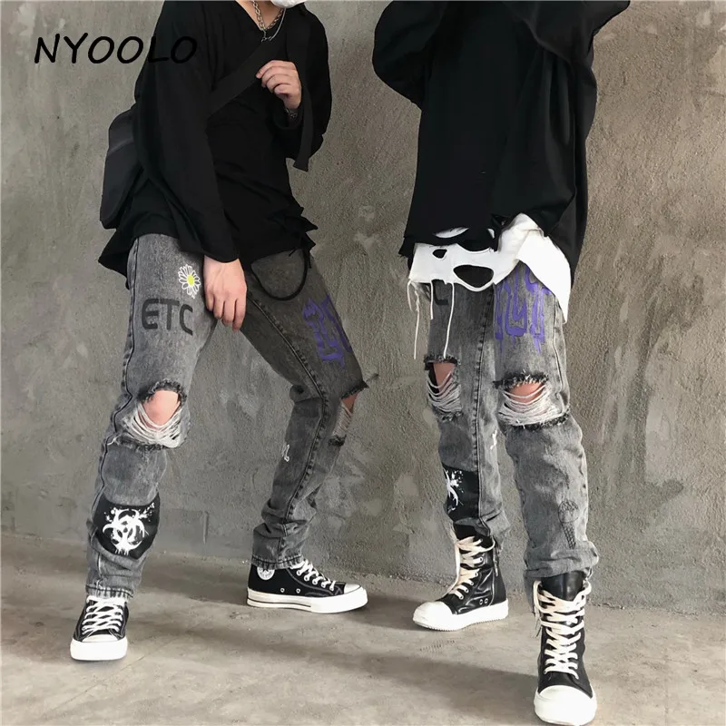 NYOOLO High Street винтажные джинсы с принтом граффити и потертыми дырками осенние тонкие длинные джинсовые мотоциклетные брюки в стиле хип-хоп для женщин и мужчин