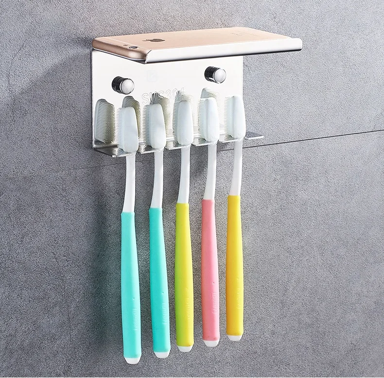 

Stainless Steel 5 Slots Toothbrush Holder Toilet Supplies Wall Mount Household or Self Adhesive Storage Rack Hotel MJ