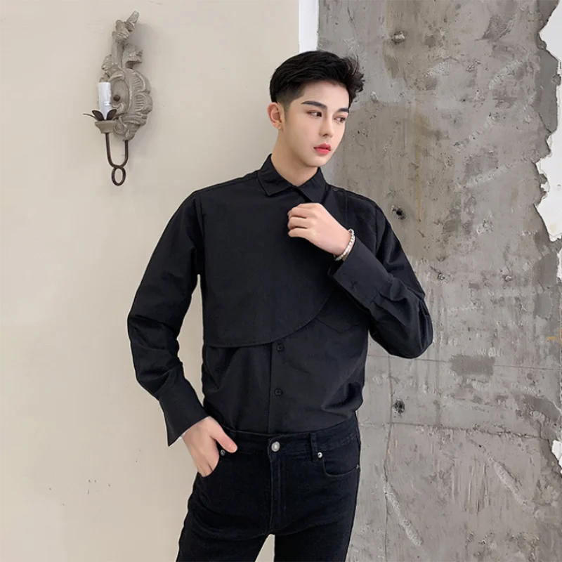 Men's superposition irregular patchwork long sleeve casual black shirt men's Japanese street style niche design shirt