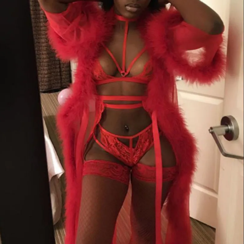 Женский кружевной сексуальный Ночной халат шифоновый сетчатый меховой с длинным