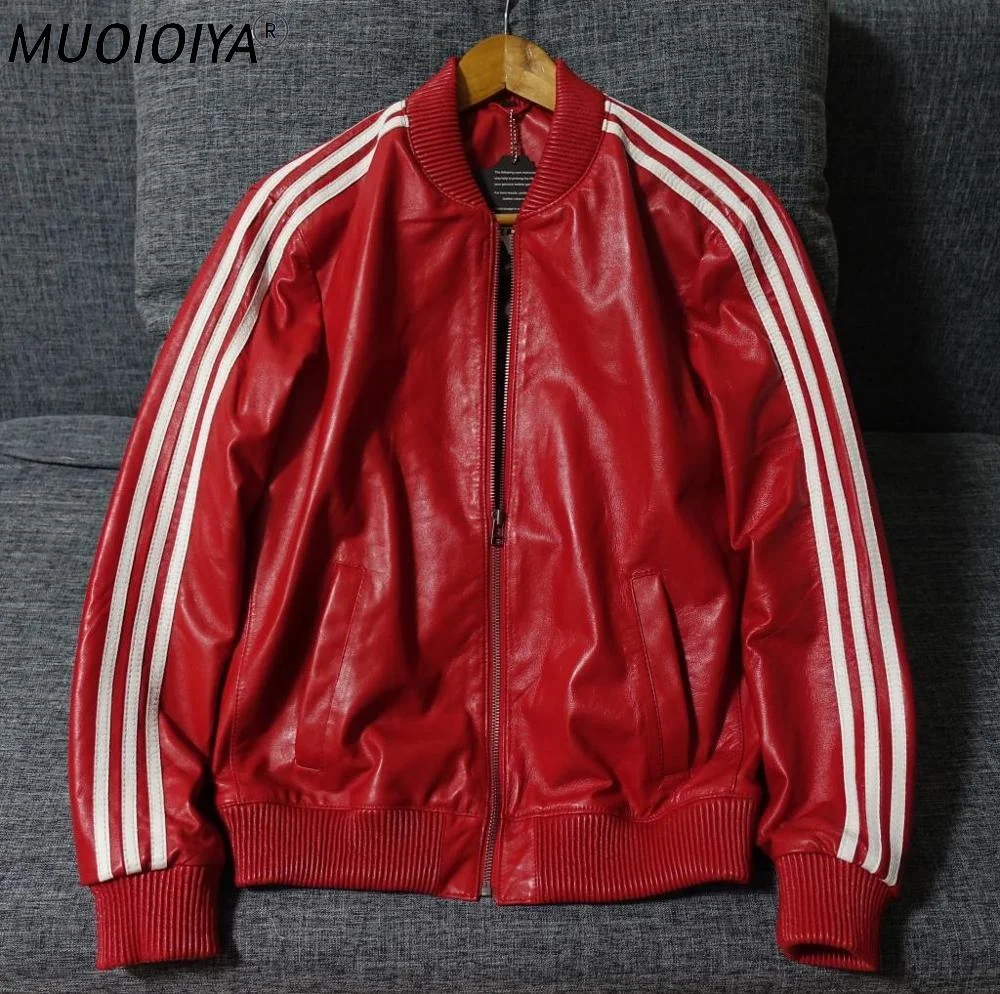 

Мужская повседневная куртка из натуральной кожи, черная/красная бейсбольная куртка из овечьей кожи, с рукавами с застежкой-нитью, большие р...