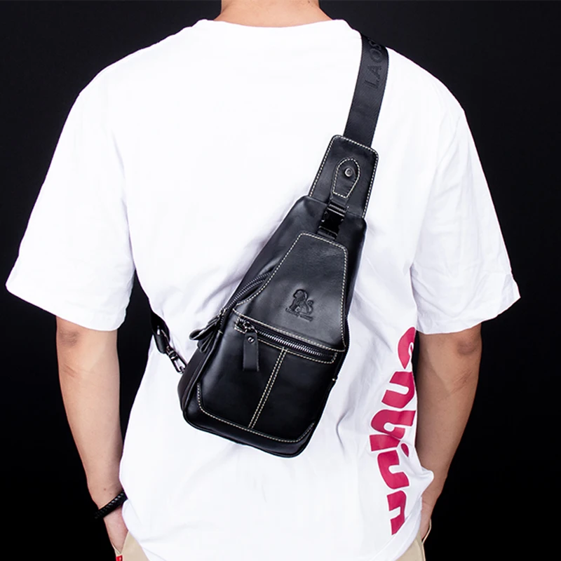 Мужская сумка Кроссбоди LAOSHIZI модная нагрудная из натуральной яловой кожи